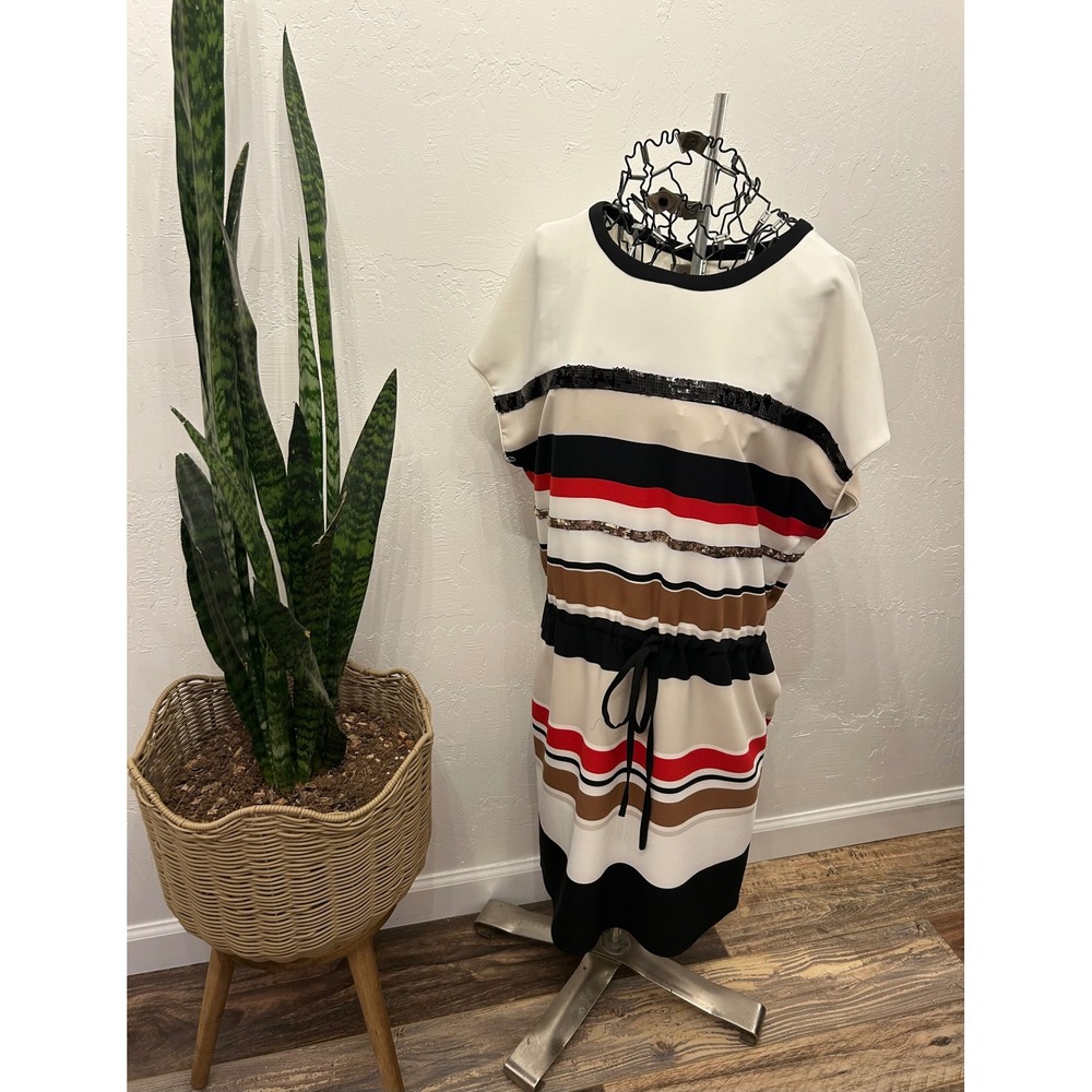 DKNY Womens Striped Sequin Drawstring Waist Shift Dress White Red Black Small